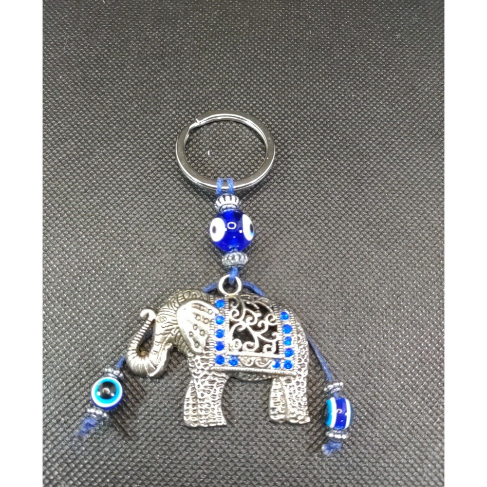 Elephant Metal Rhinestone Blue Silver Tone Keychain
